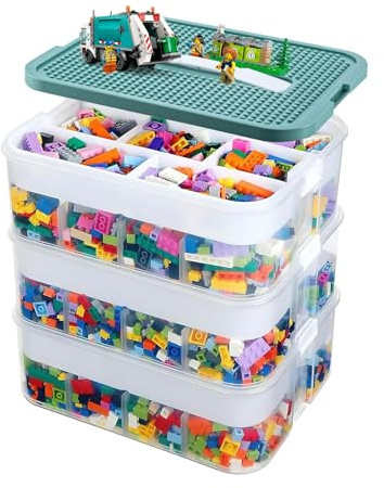 Trintion Aufbewahrungsboxen für Lego, 3-stöckige große stapelbare Aufbewahrungsbox mit Deckeln und verstellbaren Fächern, Lego-Organizer für Bausteine, Ziegel, Puzzle-Board-Organizer (Blau)