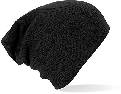 Beechfield - Black Slouch Beenie Hat - Unisex Winter Hat, Classic Knit and One Size Beenie Hat - B461 - Double Layer - 100% Soft Acrylic