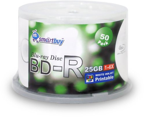Smartbuy 50-disc 25GB 6X BD-R Blu-Ray White Inkjet Hub Printable Blank Media Disc + Black Permanent Marker