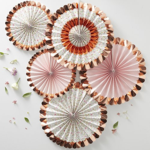Ginger Ray Floral & Rose Gold Foiled Party Fan Decorations - 5 Pack - Ditsy Floral