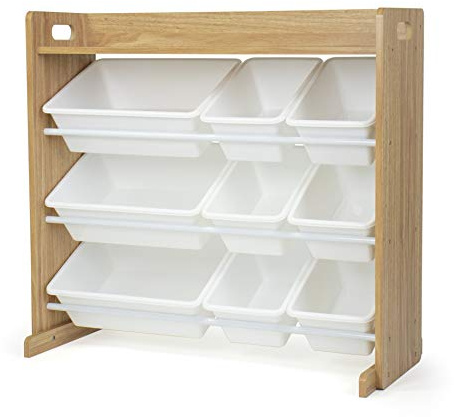 Humble Crew Large Wooden Toy Shelf Storage Organiser for Children & Toddlers with 9 BPA Free Plastic Removeable Storage Bins, Ideal for Storing Toys, Games, Books, Craft Supplies - Natural Wood/White