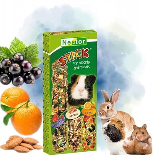 Pack of Three Rodents Hamster and Rabbits Sticks Food CURRANTS/ALMONDS/ORANGES Flavor Seed Natural Gnawing/Nibbling Treats 175g Guinea Pig Rat Mouse Gerbil Animal Pet 3in1 Degu Chew Snacks