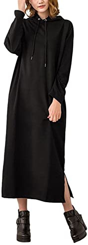 chouyatou Women's Basic Solid Long Sleeve Sweatshirt Hoodie Maxi Dress With Pockets (Large, Black)