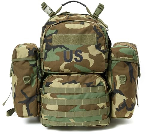 Akmax.cn MOLLE II Medium Tactical Backpack – Authentic Military Rucksack with ABS External Frame, Detachable Side Pouches & Modular Design for Heavy Loads (50L, Woodland)