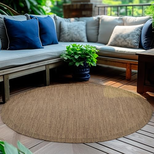 HomebyHome Outdoor-Teppich Flachgewebe Wetterfest Einfarbig Braun Küchenteppich, Balkon Terrassen Garten Wohnzimmer Teppich 120 cm Rund