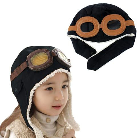 Smileshiney Pilotenmütze Kinder - Pilotenmütze Mit Ohrenschützer Und Brille, Fliegermütze Kinder, Fliegermütze Mit Brille, Niedliche Cartoon Piloten Kappe (Schwarz, Unisex, 2-7 Jahre, unter 52 cm)