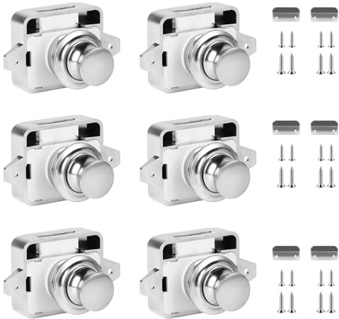 SUPAWAY 6 Botones de metal cerraduras de armario,Cerradura de puerta sin llave botón pulsador,Botón pulsador gabinete cerradura,Botón pulsador gabinete cerradura para caravana, RV,cámper, yate (Plata)