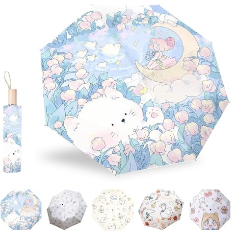 MPXEAVG Parapluie Mini Pliant Solide de Poche, Resistant au Vent Fort, Motif Mignon, Universel pour Hommes et Femmes
