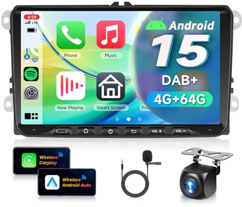 VECHTEL 4G+64G Autoradio DAB+ Android 15 pour VW Golf 5 6 Passat Jetta Caddy EOS T5 Tiguan Touran CC Polo avec CarPlay Android Auto sans Fil, Écran Tactile 9'' GPS Wi-Fi Type-C Bluetooth FM RDS Caméra