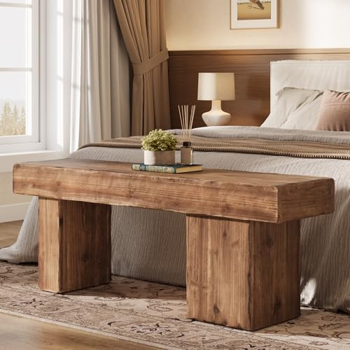 TRIBEWOOD Thickened Solid Wood Bench, 47 Rustic Farmhouse Entryway Bench with Artistic Legs, Heavy Duty Dining Bench for Kitchen, Living Room, Hallway, End of Bed, Natural Wood