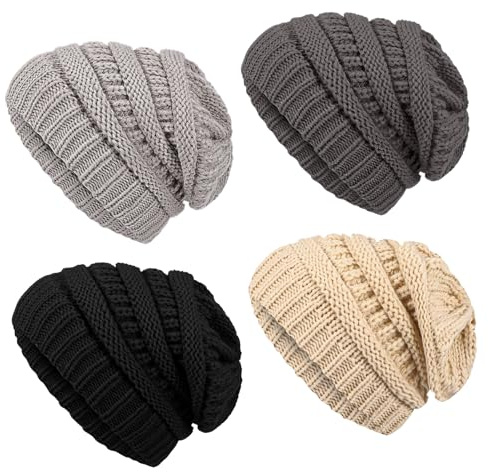 ViEinkaufen 4 Pack Oversized Beanie Hat Men Beanie Hats for Women Slouchy Knit Winter Hats Warm Thick Skull Cap for Cold Weather Soft Acrylic Stretchable Hat