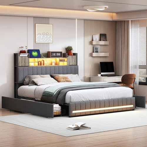 Aneutr Lit Double Rembourré, 160 x 200 cm, avec LED, avec 4 tiroirs, Cadre de Lit avec Éclairage LED et Port USB, Tête de Lit avec Rangement, lit 2 Personnes avec Sommier à Lattes, Lin