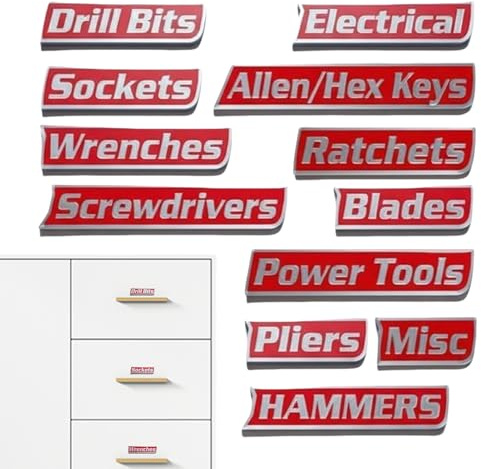 Magnetiska etiketter för verktygslåda, 12 st stark magnet, magnet, etiketter, tryck, lätt att läsa - för garage, lådor, verkstad, reparation av bilar, mekanisk identifiering