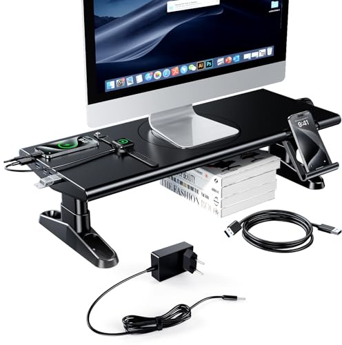 Monitorställ med 6 USB C 3.0 Hub, höjdjusterbar bildskärmshöjare skrivbordsorganiserare bildskärmsställ med telefonhållare, skärmhöjdare stående för bärbar dator, dator, PC, TV (svart)