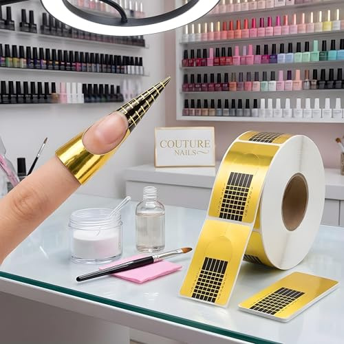 Leddy Living Cartine Unghie Nail Form 500PZ Oro Rotolo per Ricostruzione e Allungamento in Gel, Autoadesive Pre-Forate con Numeri, Regolabili per Tutte le Dita, Resistenti e Flessibili