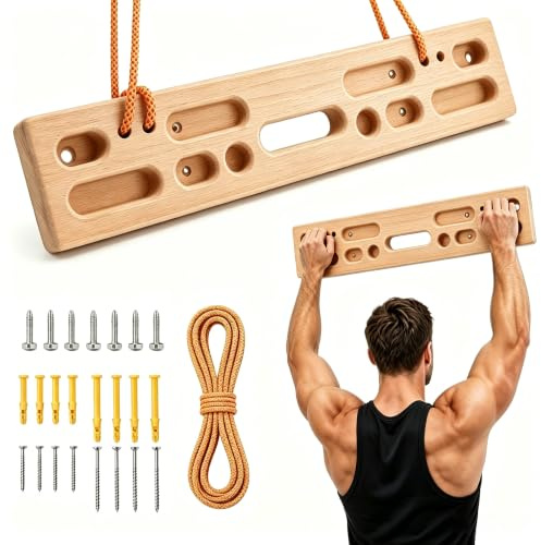 Tabla de Entrenamiento para Escaladores en Madera de Haya, Tabla de Dedos Portátil 50x10x3cm, Presas 1/2/4Dedos, Fijación Pared Cuerda o Tornillos, Refuerzo de Dedos para Principiantes y Profesionales