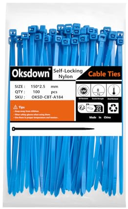 Oksdown 100 Pack Blue Plastic Cable Ties 150mm×2.5mm Small Nylon Premium Self Locking 6 inch/15 cm Long Zip Tie Wraps