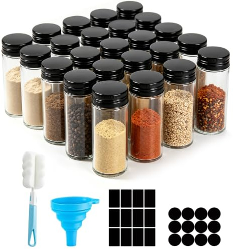 Juego de 24 tarros de especias, rectangulares, herméticos, de cristal, 120 ml, con tapa e inserto para esparcir, 340 etiquetas, embudo, colador y pegatinas vacías, recipiente para especias organizador