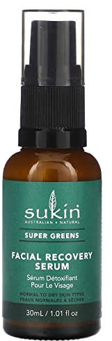 Sukin Super Greens Facial Recovery Serum 30ml- with Acai & Goji Berry; cruelty free & vegan friendly - has a light consistency for speedy absorption & infused detoxifying ingredients.