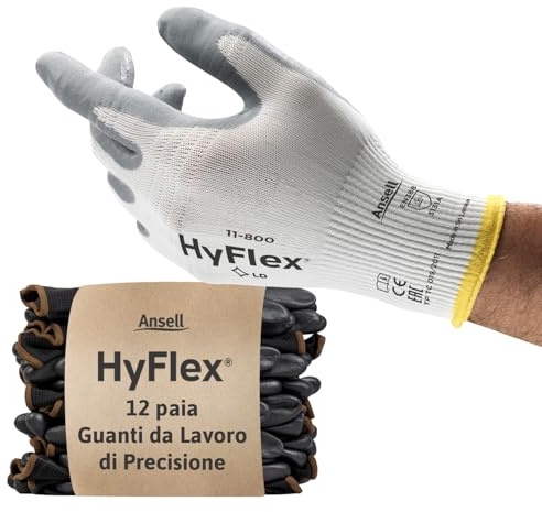Ansell HyFlex 11-800 Guantes de Trabajo Profesionales, Revestimiento de Nitrilo Antideslizante y Transpirable, Protección Mecánica Multiusos, Seguridad Industrial, Blanco, Talla M (12 Pares)
