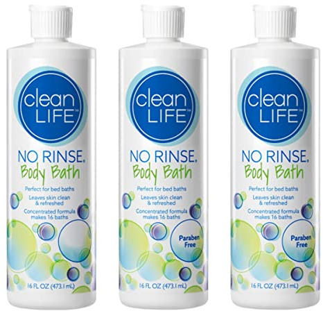 No-Rinse CleanLife Products Body Bath, 16 fl oz (Pack of 3, Makes 48 Complete Baths) – Gentle, Concentrated Liquid Body Wash Made in USA – Ideal for Post-Surgery, Elderly Care, Camping, and Travel