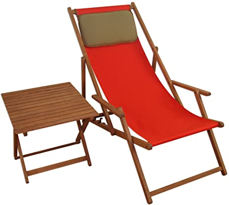 Resistente Sedia a Sdraio Rossa in Faggio con braccioli tavolino Cuscino Scuro 10-308TKD
