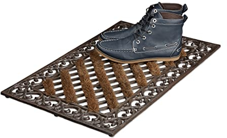 Relaxdays Fußabtreter Gusseisen mit Bürsten rechteckig HBT ca. 4 x 72 x 46 cm Fußabstreifer im Jugendstil Schuhabstreifer passend zum Landhausstil aus robustem Metall mit Anti-Rutsch-Füßen, bronze