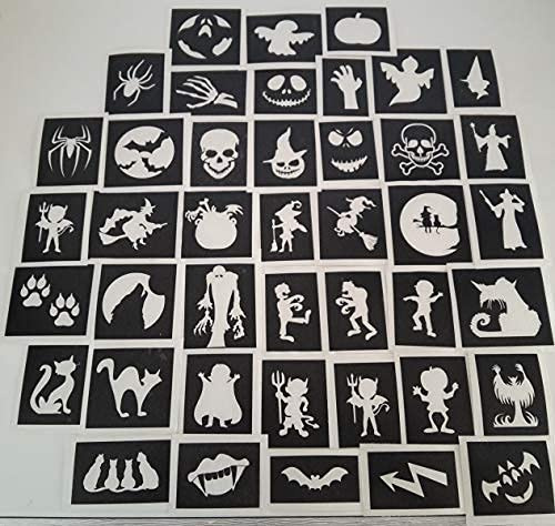 Stencil Brand 50 Halloween Themed TEMPORARY_TATTOO for All Ages, Glitter/Airbrush/Face Painting, Ghost Witch Monster
