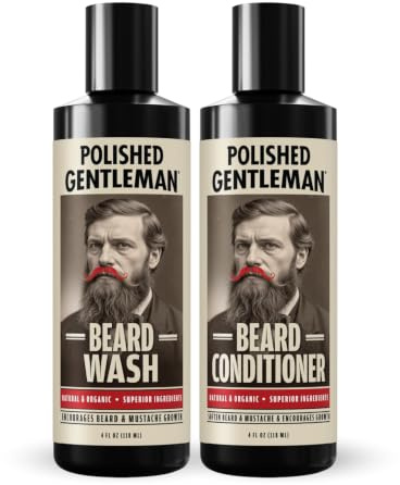 Polished Gentleman Beard Shampoo and Conditioner Set - Refreshing Beard Moisturizer & Mustache Softener - Beard Thickener with Tea Tree & Growth Oil - Paraben-Free & Sulfate-Free - Made by USA (4Oz)