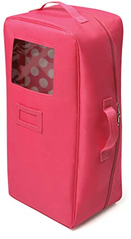 Badger Basket Doll Travel Case with Bed, Blanket, Pillow, Mesh Storage & Peek-a-Boo Window - Fits Girl Dolls - Portable Luggage Carrier with Straps for Pretend Play & Accessories - Hot Pink