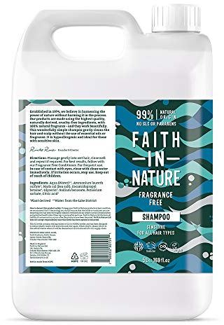 Faith In Nature Natural Fragrance Free Shampoo, Sensitive, Vegan and Cruelty Free, No SLS or Parabens, For All Hair Type, 5L Refill Pack