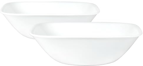 Corelle Vitrelle 2-PC Large 1-Qt Glass Serving Bowl, Crack and Chip Resistant, Square Serving Trays, White