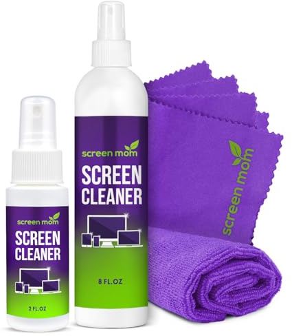 Screen Cleaner Spray and 4 Microfiber Cloths Bundle 8oz & 2oz, by Screen Mom, Eyeglasses or Monitor Screen Cleaner Spray and Wipe, Electronic Cleaner Spray, Car Screen Cleaning Kit