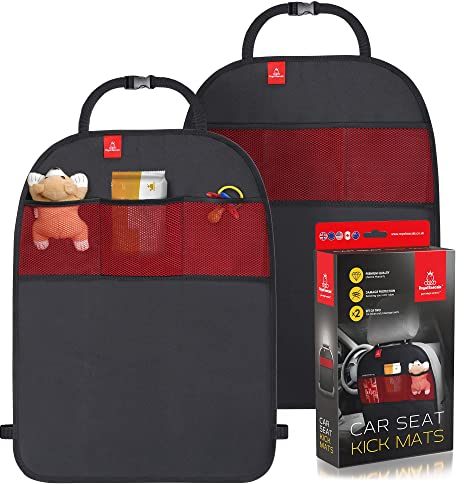 Royal Rascals Car Seat Kick Mats Back Seat Protector (2 Pack) Durable Waterproof Back Seat Organiser for Kids, Car Travel Accessories with Pockets & Storage, Road Trip Essentials, Easy to Install