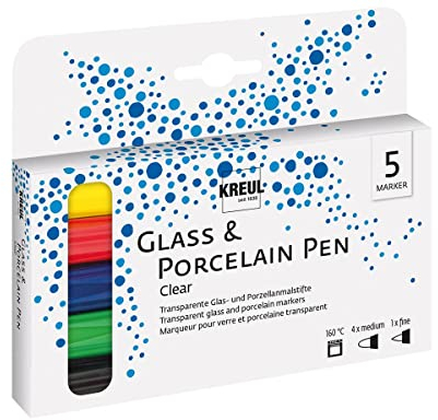 KREUL 42650 - Glass & Porcelain Pen Set Clear, 4 Stifte in gelb, rot, blau, grün und Konturstift schwarz, Strichstärke ca. 2 - 4 mm, transparente Glas- und Porzellanmalfarbe auf Wasserbasis