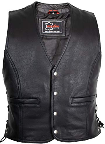 MDM Chaleco cuero moto hombre negro – estilo motero custom con botones de presión y cordones laterales (FR/ES, Letras, XL, Regular, Regular)