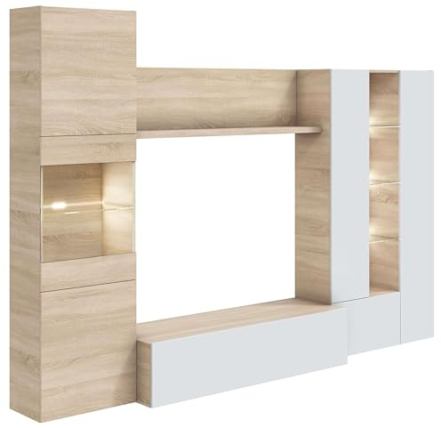 Habitdesign Mueble de Comedor con Leds, Mueble Salon, Modelo Essential, Acabado en Blanco Brillo y Roble Canadian, Medidas: 260 cm (Ancho) x 185 cm (Alto) x 42 cm (Fondo), grande, 1