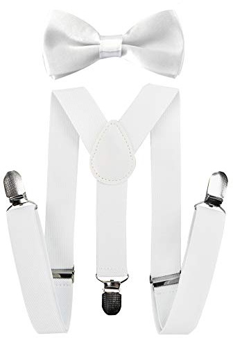 Axy Bretelle per bambini, forma a Y, di alta qualità, con papillon, tinta unita, 3 clip, tenuta extra forte bianco bianco