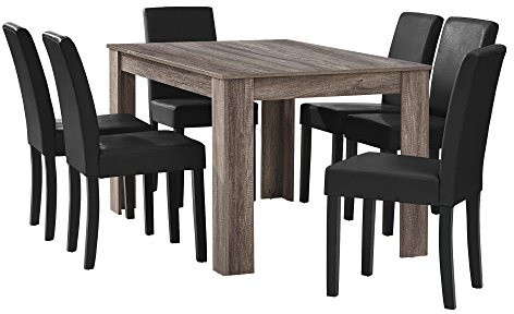 [en.casa] Esstisch Eiche antik mit 6 Stühlen schwarz Kunstleder gepolstert 140x90 Essgruppe Esszimmer