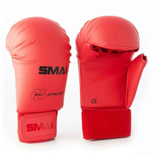 SMAI WKF Karate Handschutz Mit Daumen Rot, Handschuhe, Faustschützer (M)
