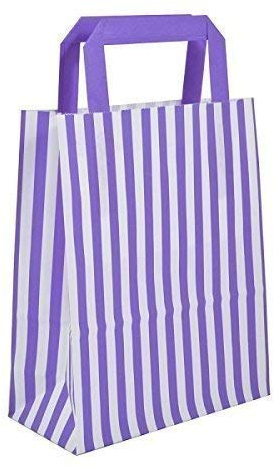 We Can Source It Ltd - Purple Candy Stripe Kraft Paper Carrier Bags 18cm x 8cm x 22cm with Tape Handles – SOS Block Bottom Bags for Takeaway, Weddings, Catering, and Retail - Pack of 40