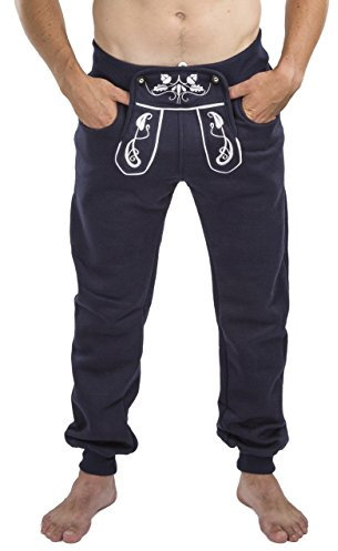 Herren Trachten Jogging Lederhose lang - Jogginghose Bestickt - Trachtenhose - Schöneberger Trachtenlederhose Trachtenläufer Sport (L, Blau)