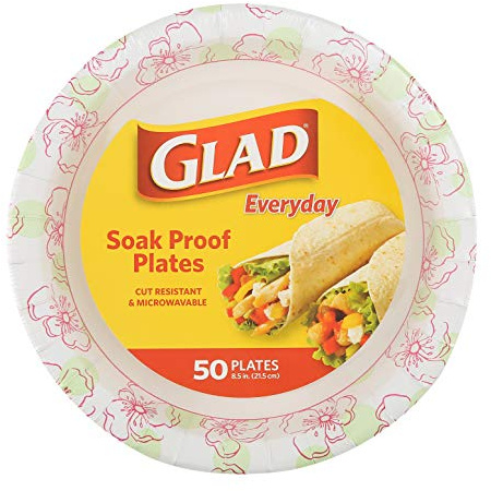 Glad Disposable Paper Plates, Pink Floral Pattern, 8.5 Inch Round, Soak Proof Coating, Microwave Safe, Cut Resistant, Sturdy for Dinner, Parties, and Everyday Meals, 50 Count