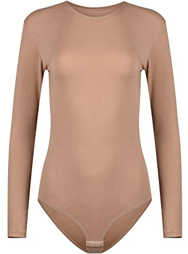 Evoni Damenbody | Overall Bodysuit mit Rundhals für Frauen | Langarm-Body in verschiedenen Farben | Optimale Alternative für Sport & Freizeit | Eleganter Jumpsuit(X-Large, Hellbraun)