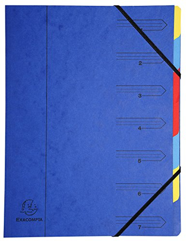 Exacompta 54072E Premium Ordnungsmappe geheftet. Aus extra starkem Colorspan-Karton DIN A4 7 vollfarbige bunte Fächer und 2 Gummizüge mit Organisationsdruck Ringmappe Register-Mappe blau