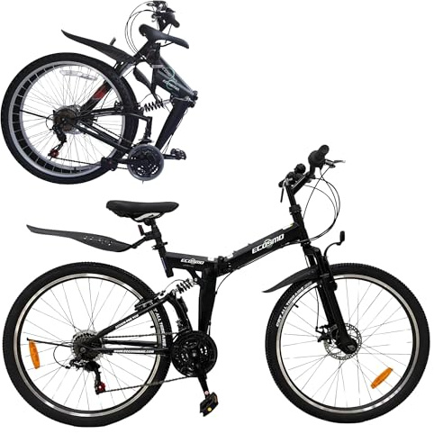ECOSMO 26 Inch Folding Mountain Bike -21 speed SHIMANO gear system, Dual Suspension,Front Disc Brake, Quick Release Mechanism, Hi-Ten Steel Frame, All Terrain Folding Bicycle (26SF02BL)