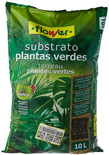 Flower - Substrato Plantas Verdes 10L, Ideal para Plantas Ornamentales y Decorativas, Activa Función Clorofílica, con Epsonita, Crecimiento Vigoroso - Color Marrón, Tamaño 28x4x45 cm, Material Sustrat