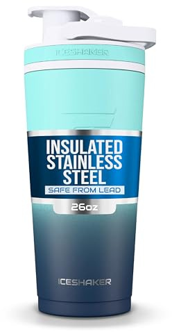 Ice Shaker Insulated Stainless Steel Shaker Bottle | 26oz, Navy/Mint | Cold for 30+ Hours | Insulated Cup with Twist-on Agitator | Odor-Free Bottle for Protein Shakes, Water, Smoothies, Cocktails