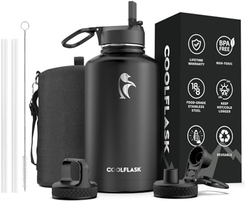 64 oz Water Bottle Insulated with Straw & 3 Lids, Coolflask Large Metal Stainless Steel Water Jug Big Half Gallon Wide Mouth for Sports, Gym or Office, Non-BPA Keep Cold 48H Hot 24H, Magic Black