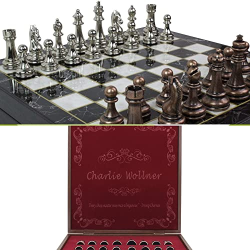 Antochia Crafts Personalisiertes 36 cm großes Schachspiel mit Box, personalisiertem Brett und Metallfiguren – Geschenkidee für Sohn, Ehemann, Vater zum Geburtstag, Jahrestag, Weihnachten